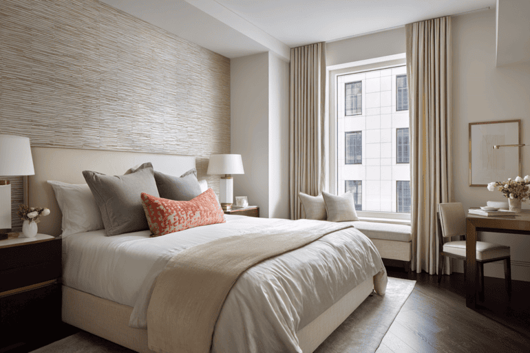 Luxury modern NYC bedroom with custom millwork and upholstered bed