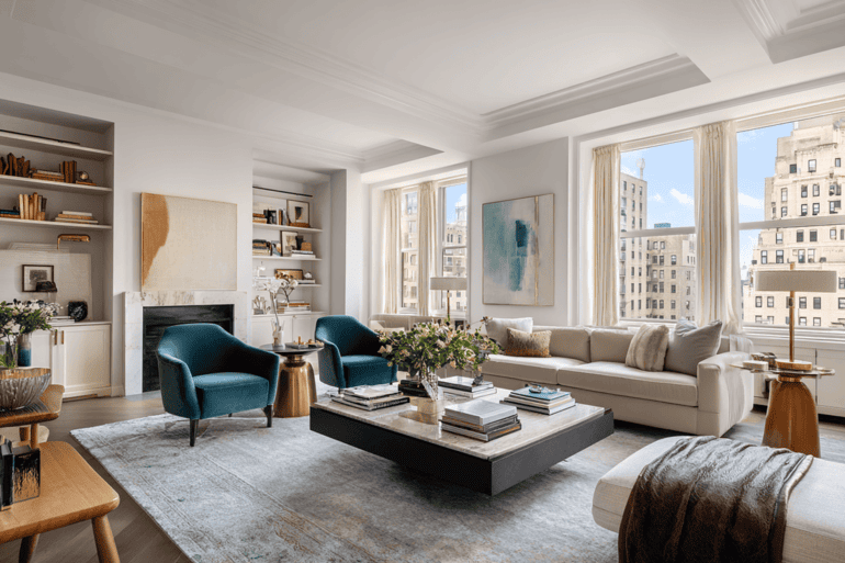 Luxury NYC living room with modern organic design, neutral tones, and skyline views