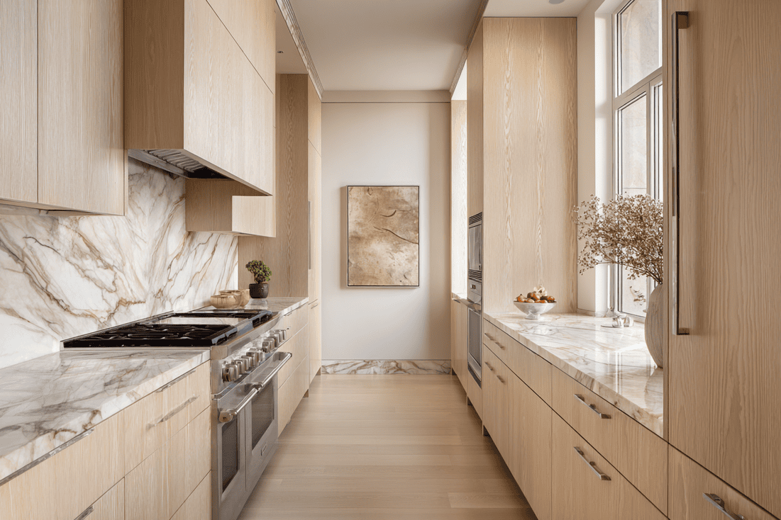 Luxury NYC kitchen with marble island, custom cabinetry, and modern structured design