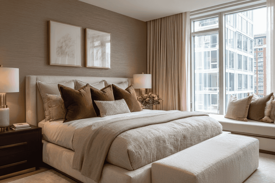 Luxury NYC bedroom with layered textures and neutral palette representing staging before installation
