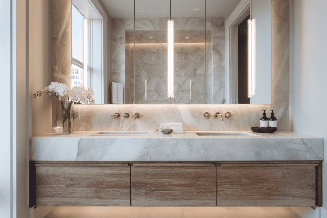 Luxury bathroom showing transition from construction to finished design with stone and wood