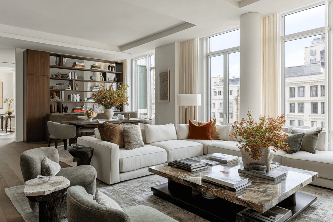 Luxury NYC penthouse living room with modern furnishings, warm wood accents, and skyline views