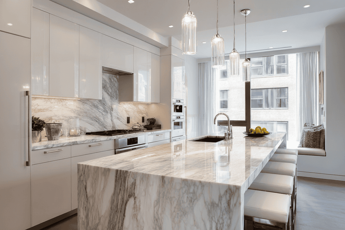 Luxury NYC kitchen renovation in progress with marble island and custom cabinetry installation