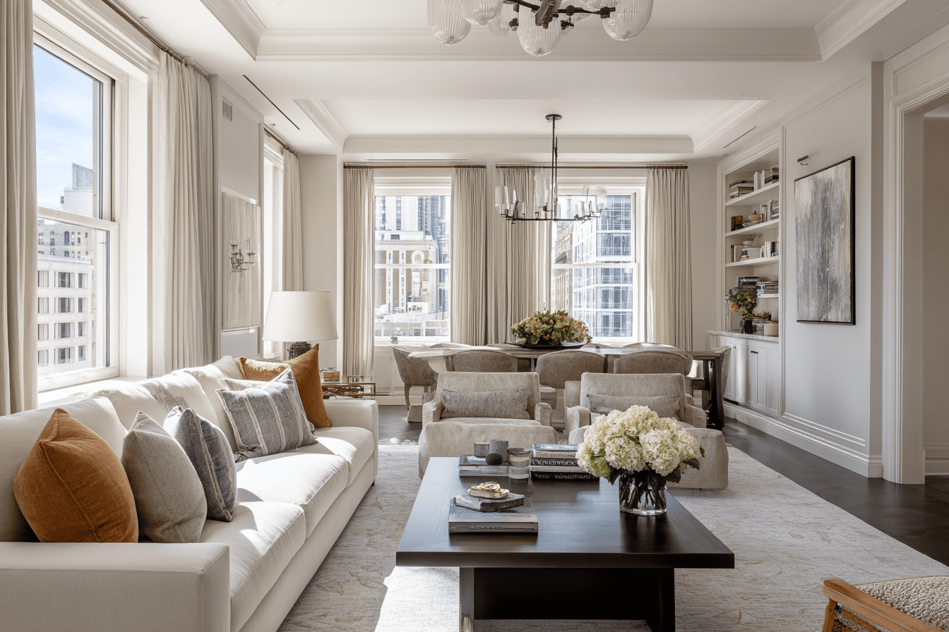 Luxury NYC townhouse living space showcasing modern full-service renovation with restored architectural details