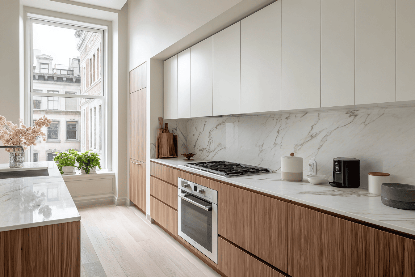 High-rise penthouse interior featuring natural stone, custom millwork, and performance-driven material selection