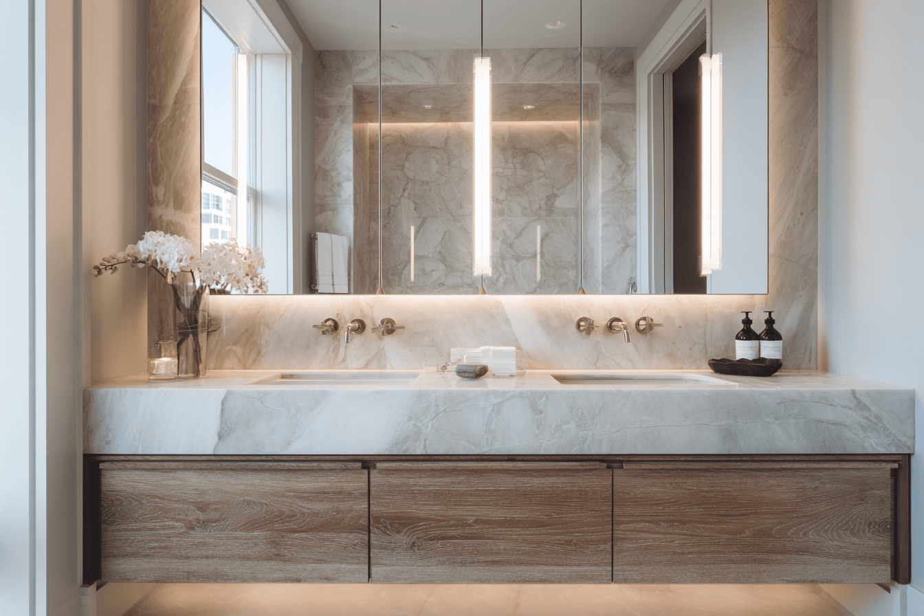 High-end NYC co-op bathroom designed around structural and plumbing limitations
