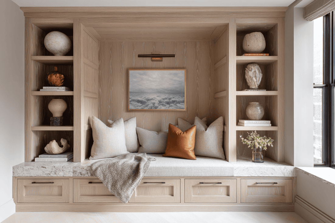 Luxury NYC loft living room showcasing modern, timeless interior design with organic materials and subtle color accents.