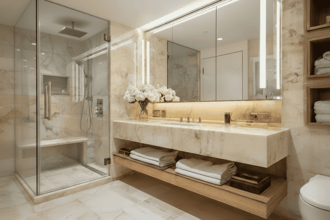 Luxury bathroom with stone vanity and high-quality material finishes