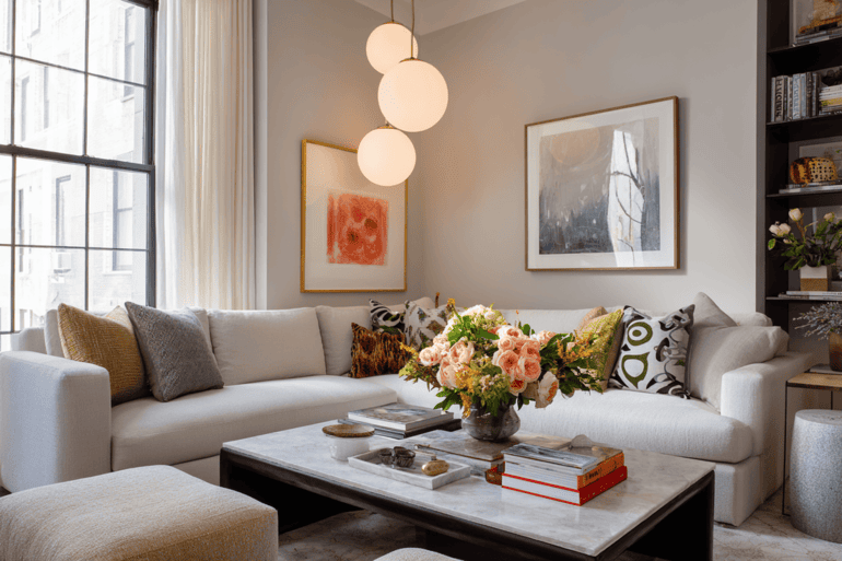 Luxury NYC loft living room with modern organic finishes and skyline views