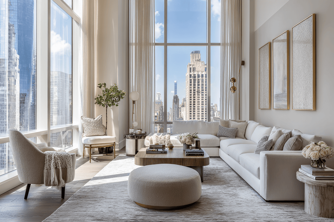 Luxury NYC loft living room with custom furnishings and soft neutral palette