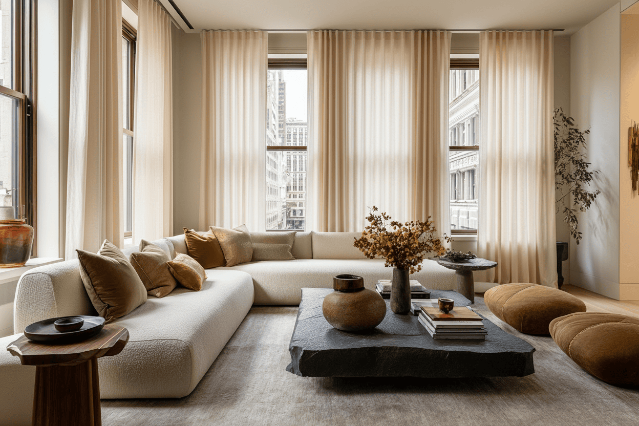 Luxury NYC loft living room after full-service interior design installation, styled with modern furnishings and subtle color accents.