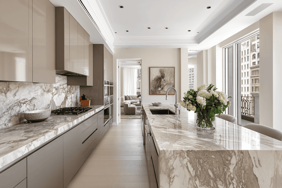 Luxury NYC kitchen renovation with custom cabinetry and marble island installation