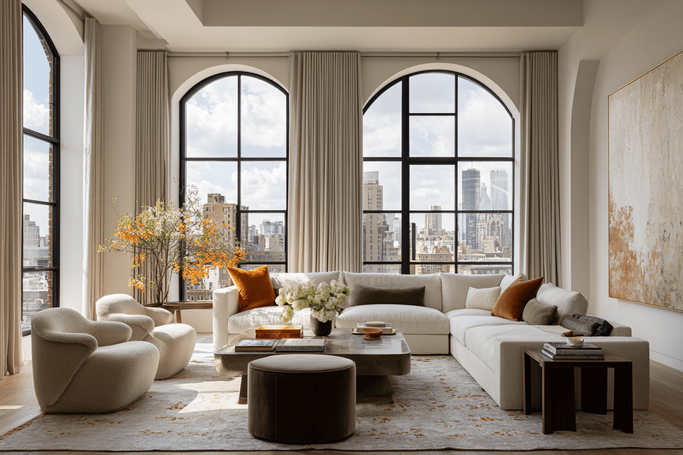 Luxury NYC prewar apartment living room showcasing high-end residential interior design
