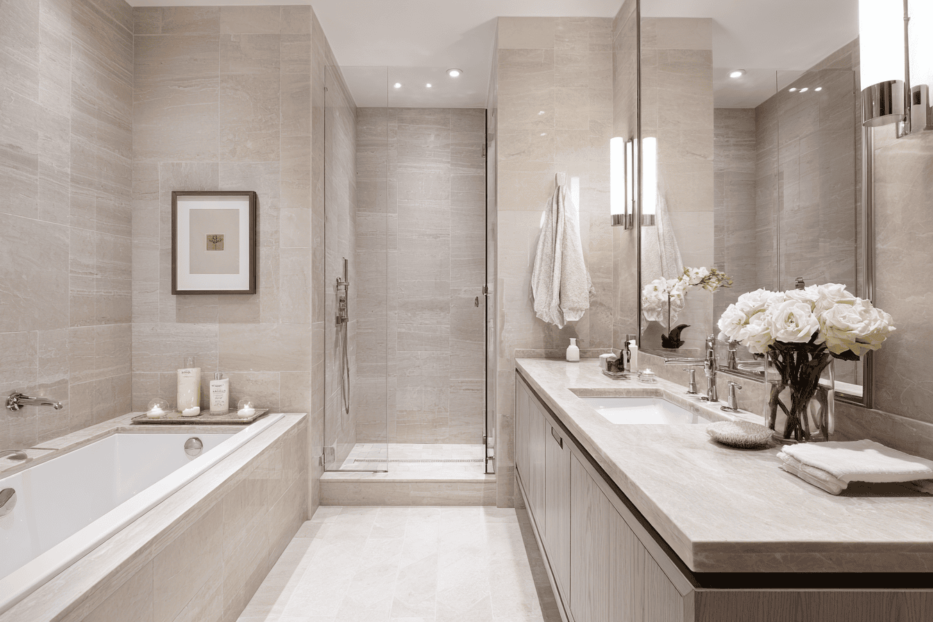 Timeless luxury NYC bathroom with stone finishes and modern, restrained design