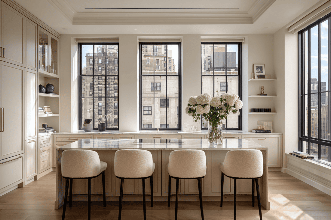 Modern luxury Manhattan kitchen with stone waterfall island and custom cabinetry