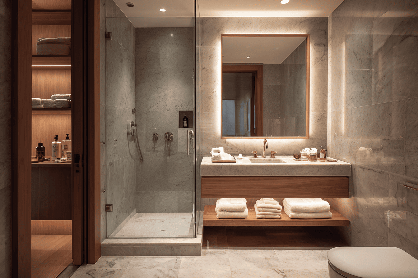 Primary bathroom installation showing final furniture placement and art alignment in a NYC home.