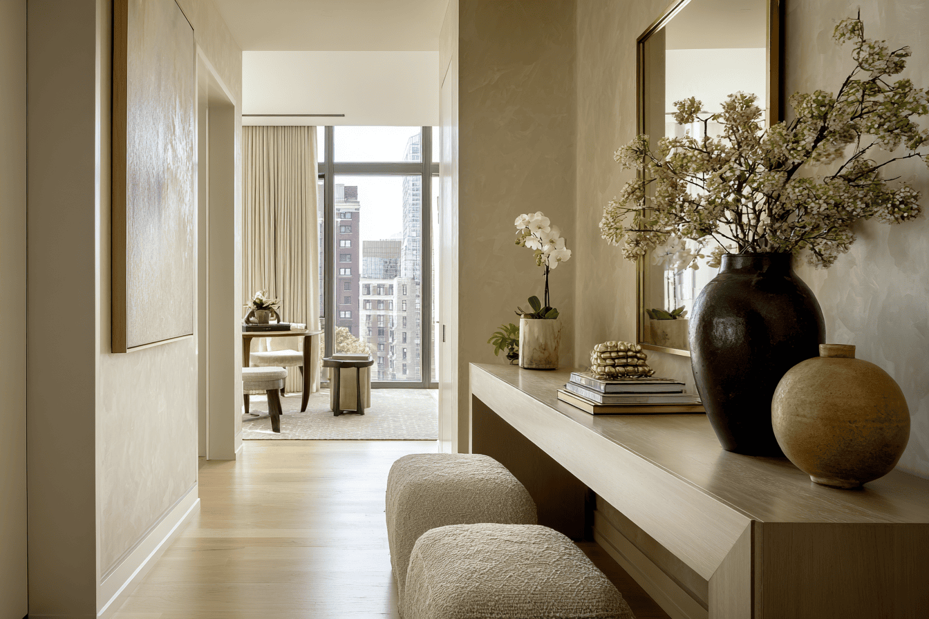 Luxury NYC bedroom featuring custom upholstery, layered textiles, and tailored furnishings.