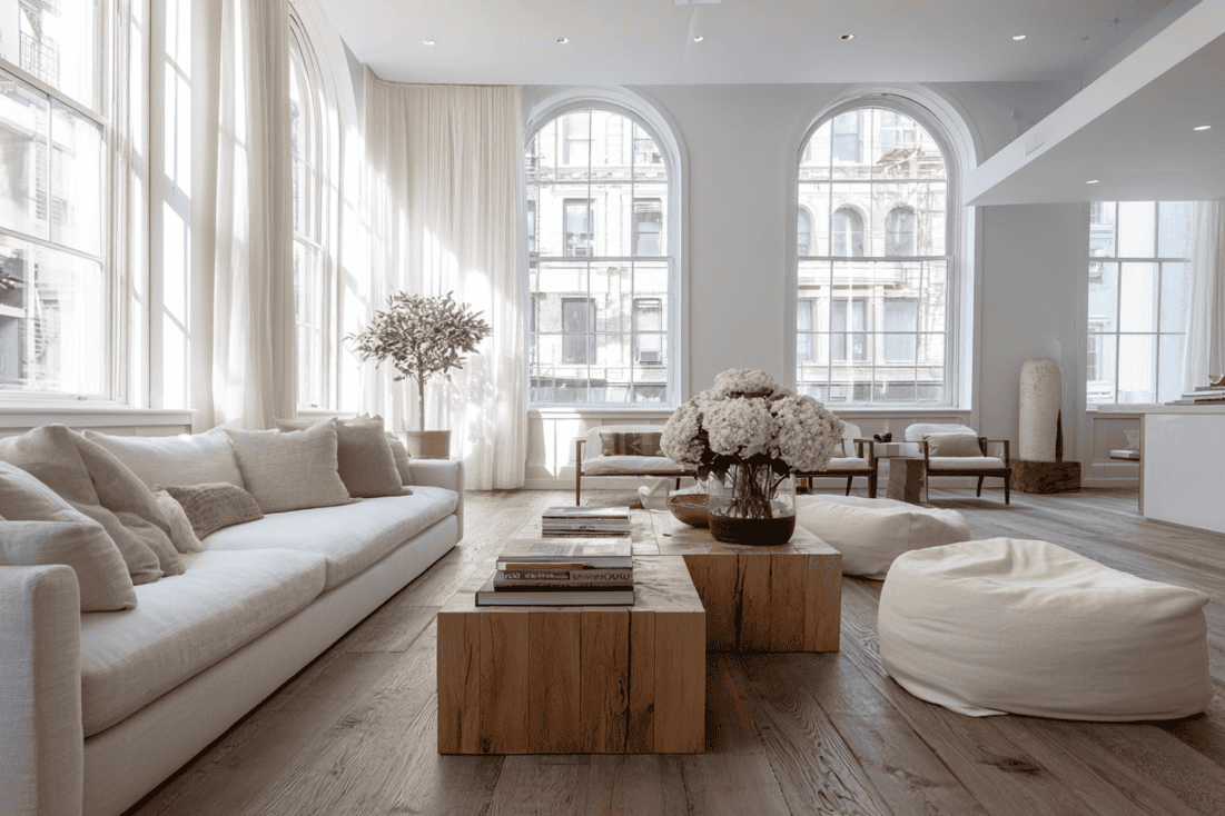 High-end Manhattan penthouse living room showcasing custom millwork, modern furniture, and cohesive luxury interior design.