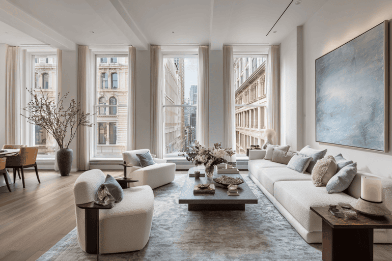 Luxury NYC loft living room with modern organic design, neutral tones, and curated furnishings