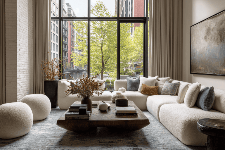  Luxury New York City loft living room with modern, timeless furnishings and organic materials.