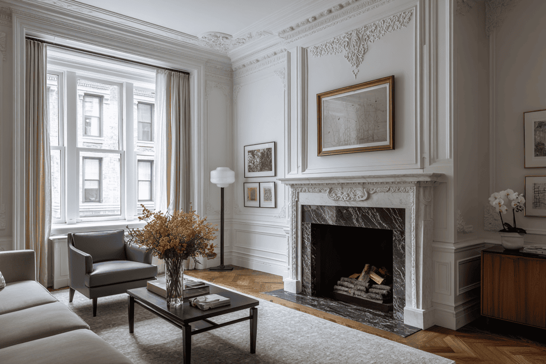 Luxury NYC living room with custom millwork and skyline views showing high-end residential design coordination