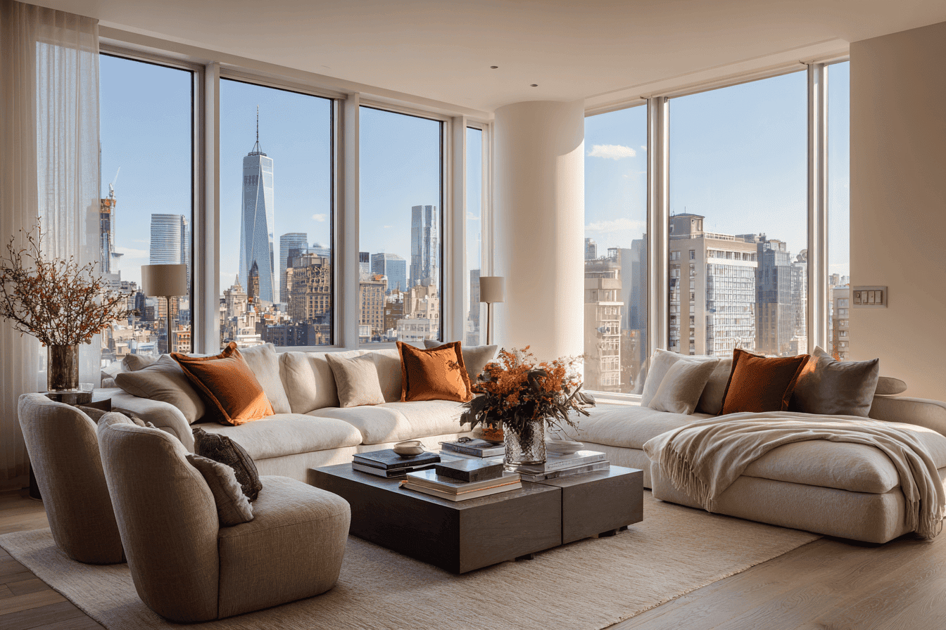 High-end Manhattan living room emphasizing proportion, durability, and thoughtful residential design