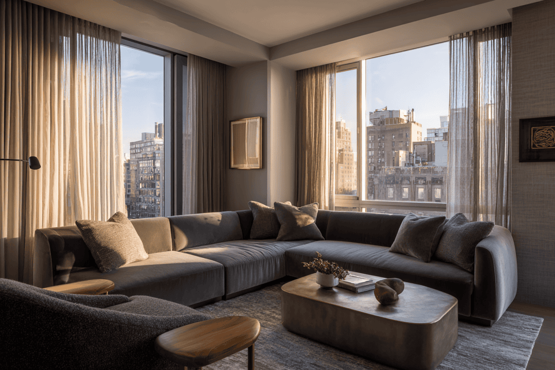 Luxury modern NYC loft living room interior with custom millwork and skyline views