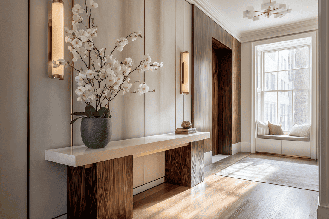 Finished luxury NYC hallway with cohesive design and refined final styling
