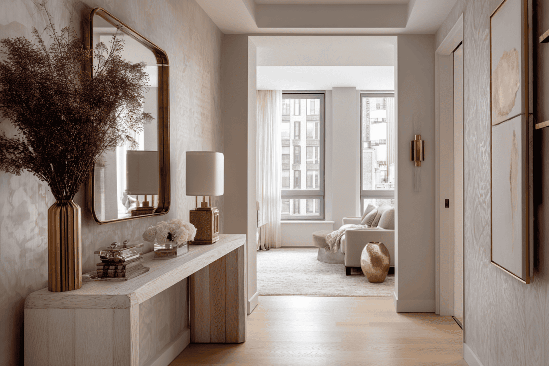 High-end NYC apartment renovation with architectural plans and curated material samples