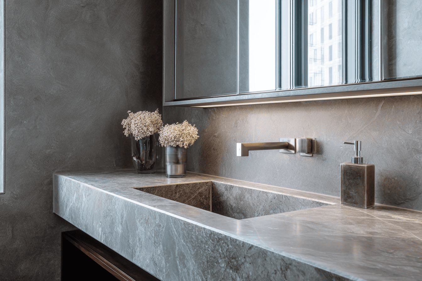 Luxury New York City bathroom designed with concealed infrastructure and refined modern finishes.