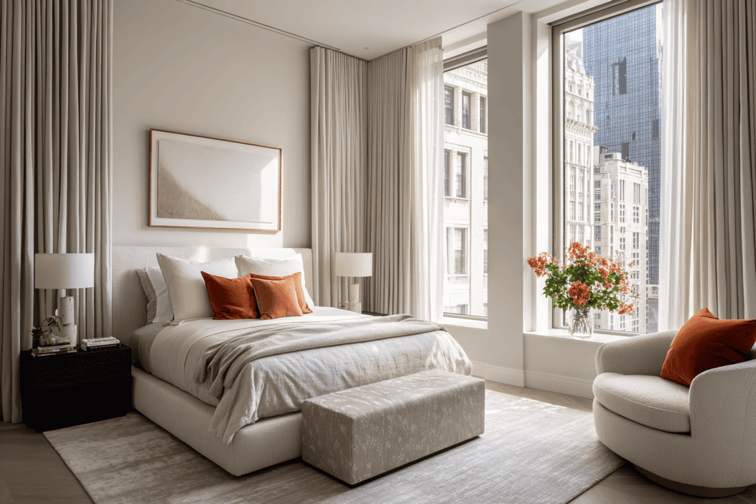 Calm luxury NYC bedroom designed with layered neutrals and a modern, refined aesthetic.