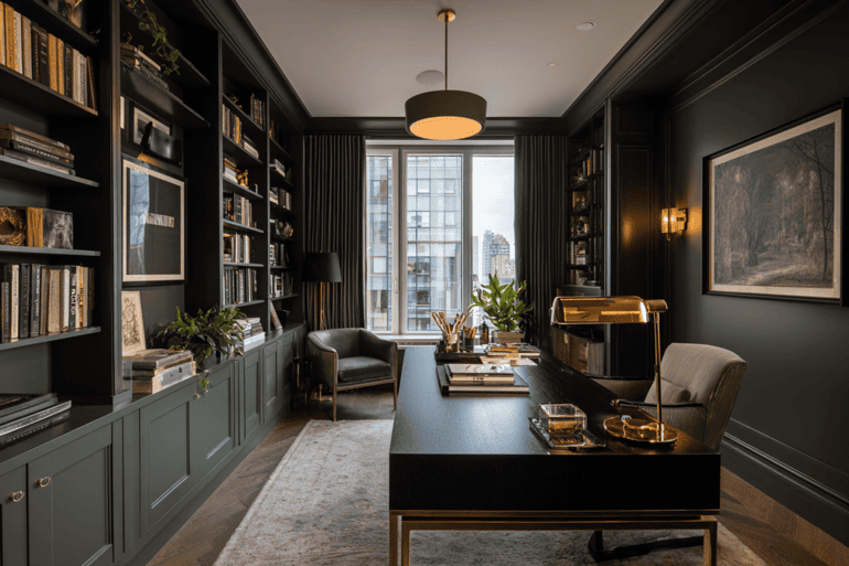 Interior designer workspace with architectural plans and material samples for NYC renovation project