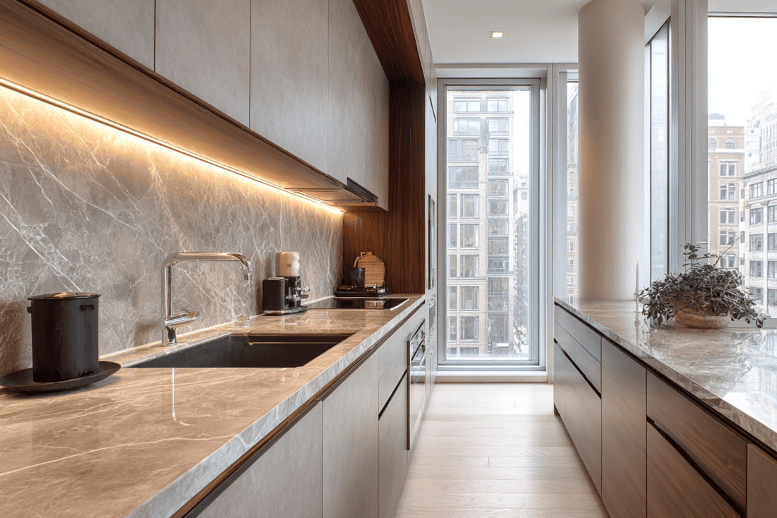 Luxury NYC condominium kitchen with clean modern lines and architectural precision