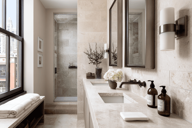 Serene high-end Manhattan bathroom renovation with marble walls and brass fixtures