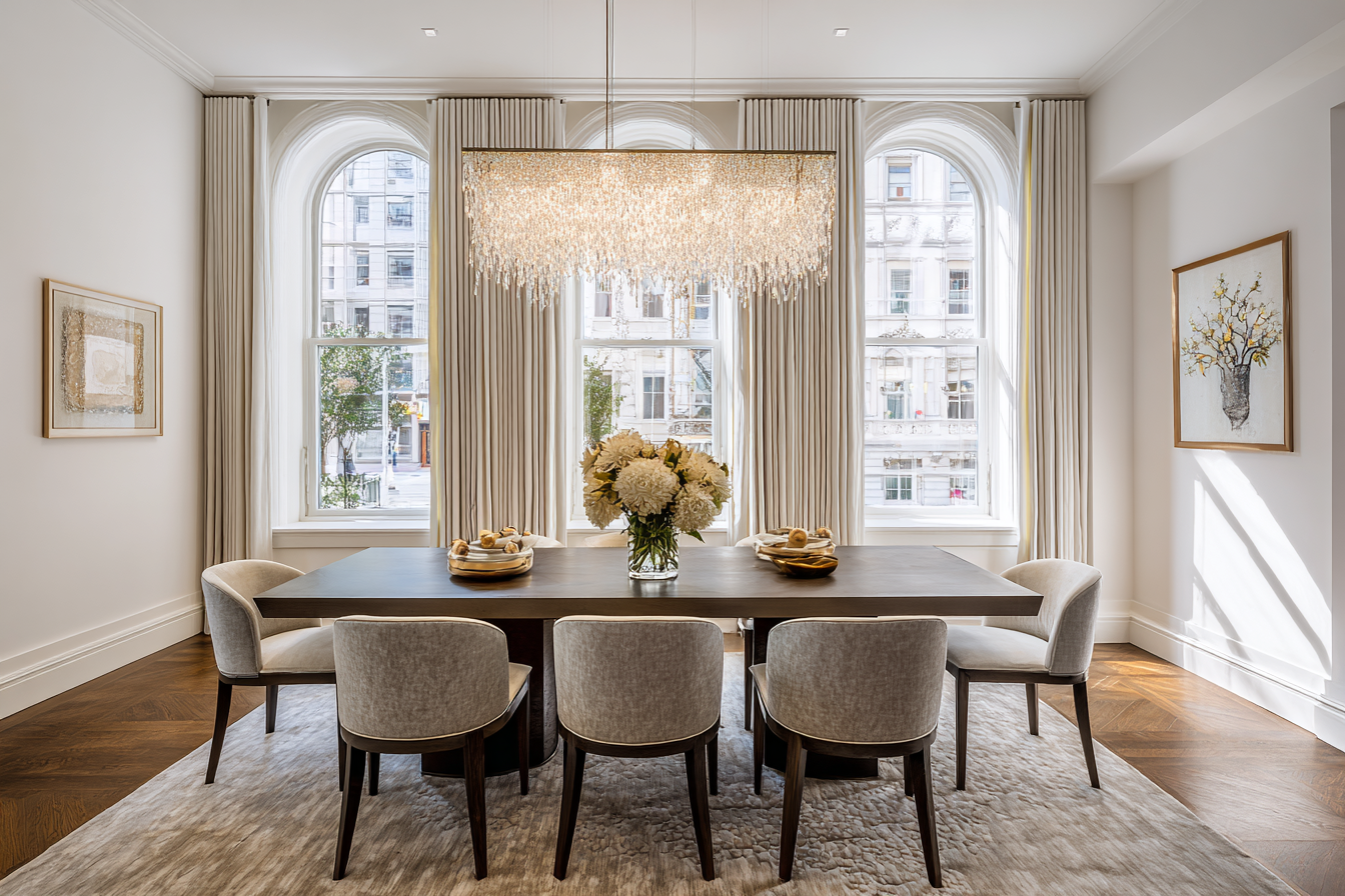 Luxury NYC loft dining room with walnut table, plaster chandelier, and terracotta bouclé chairs