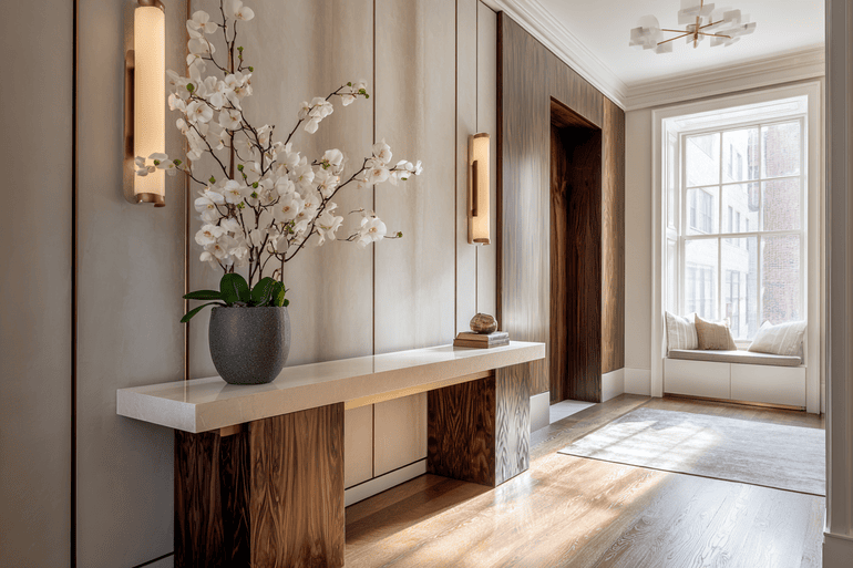 Elegant NYC apartment entryway with herringbone flooring and organic-shaped furniture in a luxury renovation