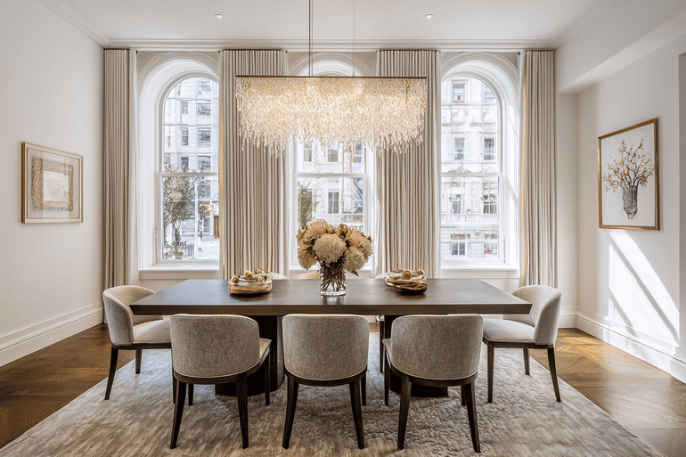 High-end NYC dining room showcasing precise furniture scaling and procurement essential for urban residential interiors