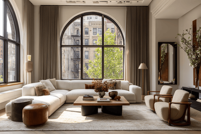 Luxury NYC loft living room with curved sofa and emerald velvet accent chair — full-service interior design