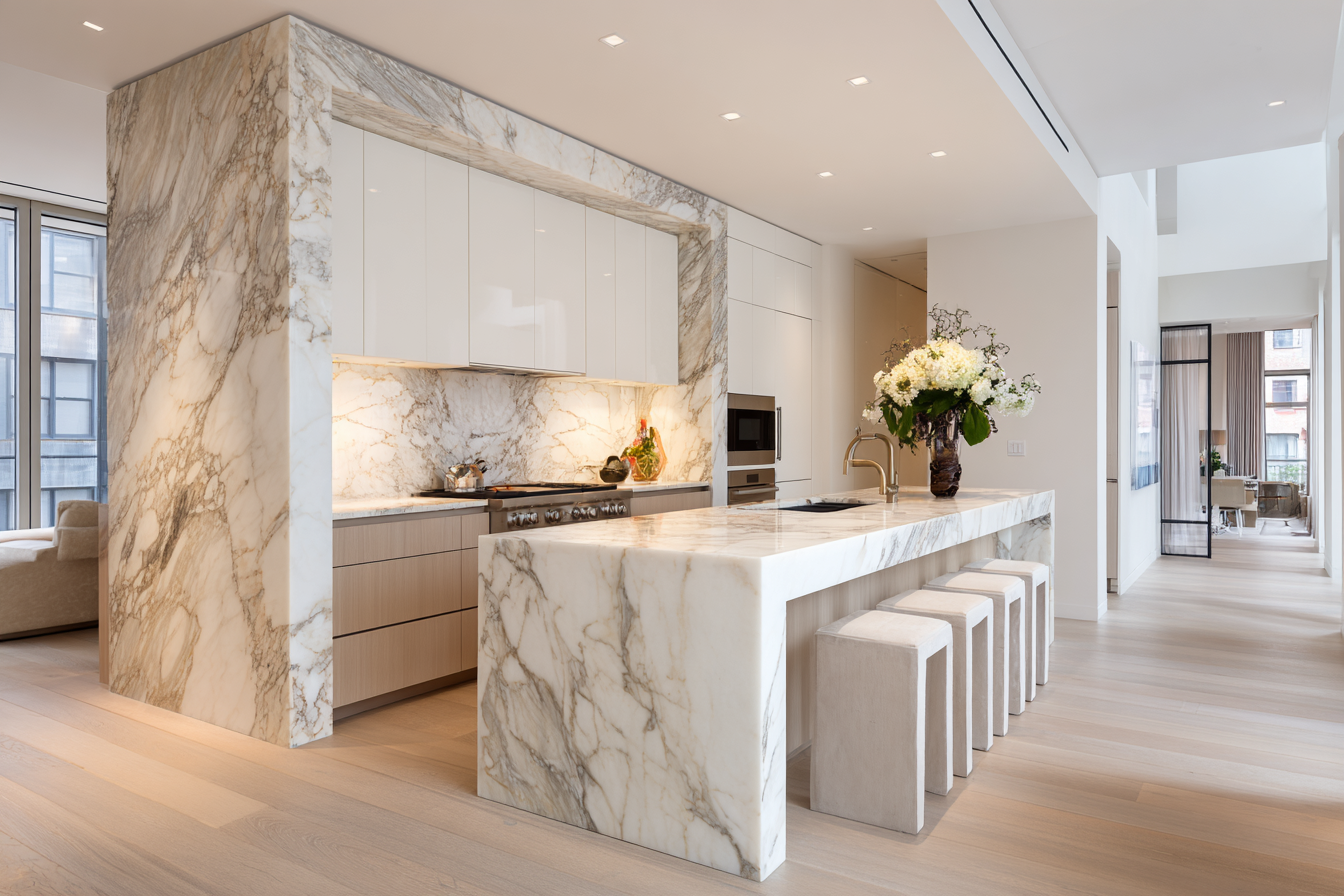 Luxury modern kitchen with stone waterfall island, walnut cabinetry, and brass fixtures.
