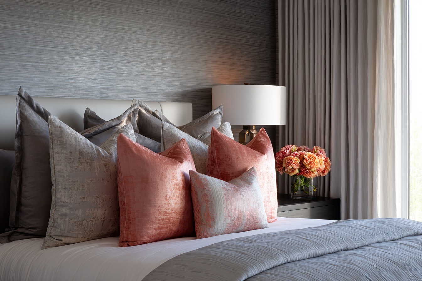 Warm, inviting NYC primary bedroom with organic modern furnishings and fresh flowers, capturing the feeling of returning home after travel