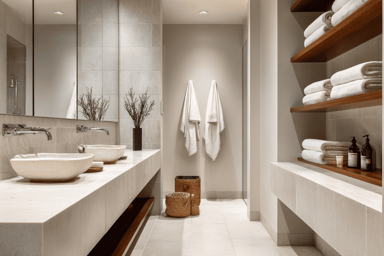 Luxury NYC loft bathroom with freestanding stone tub and brass fixtures, high-end residential design photography