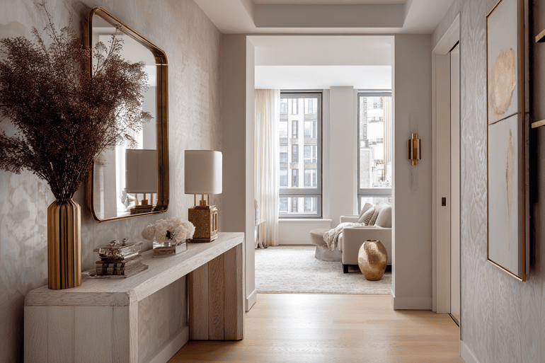 Freshly delivered custom furniture styled in a luxury NYC entryway