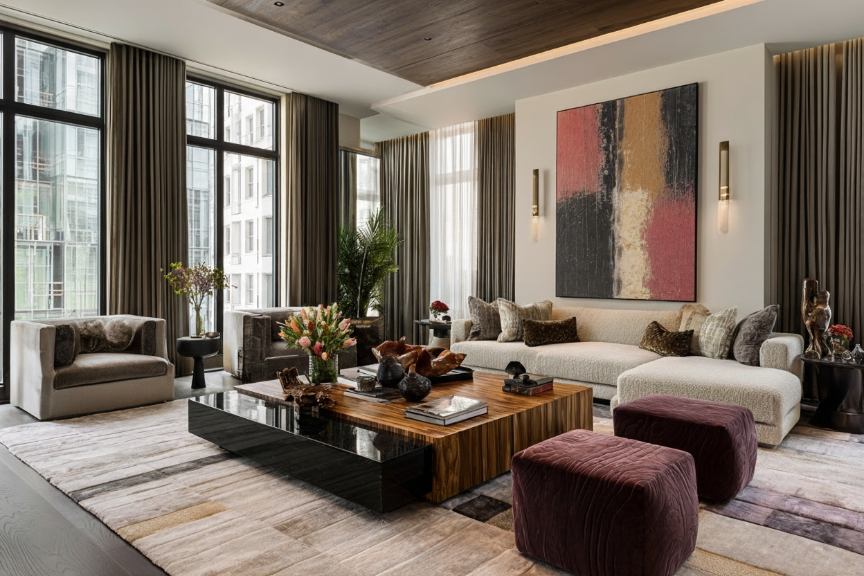 Restored prewar Manhattan living room with original crown molding and modern organic furnishings, an example of full-service interior design finish quality