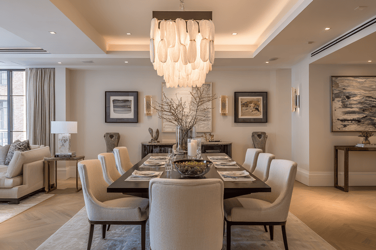 Upscale NYC dining room with live-edge table and sculptural lighting, editorial interior design photography