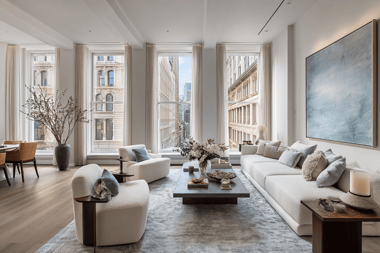 Full-service interior design in a luxury NYC loft living room with boucle sofa, travertine coffee table, and floor-to-ceiling windows
