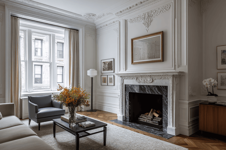 Landmarked NYC brownstone living room with original windows, curved cream sofa, and emerald accent chair