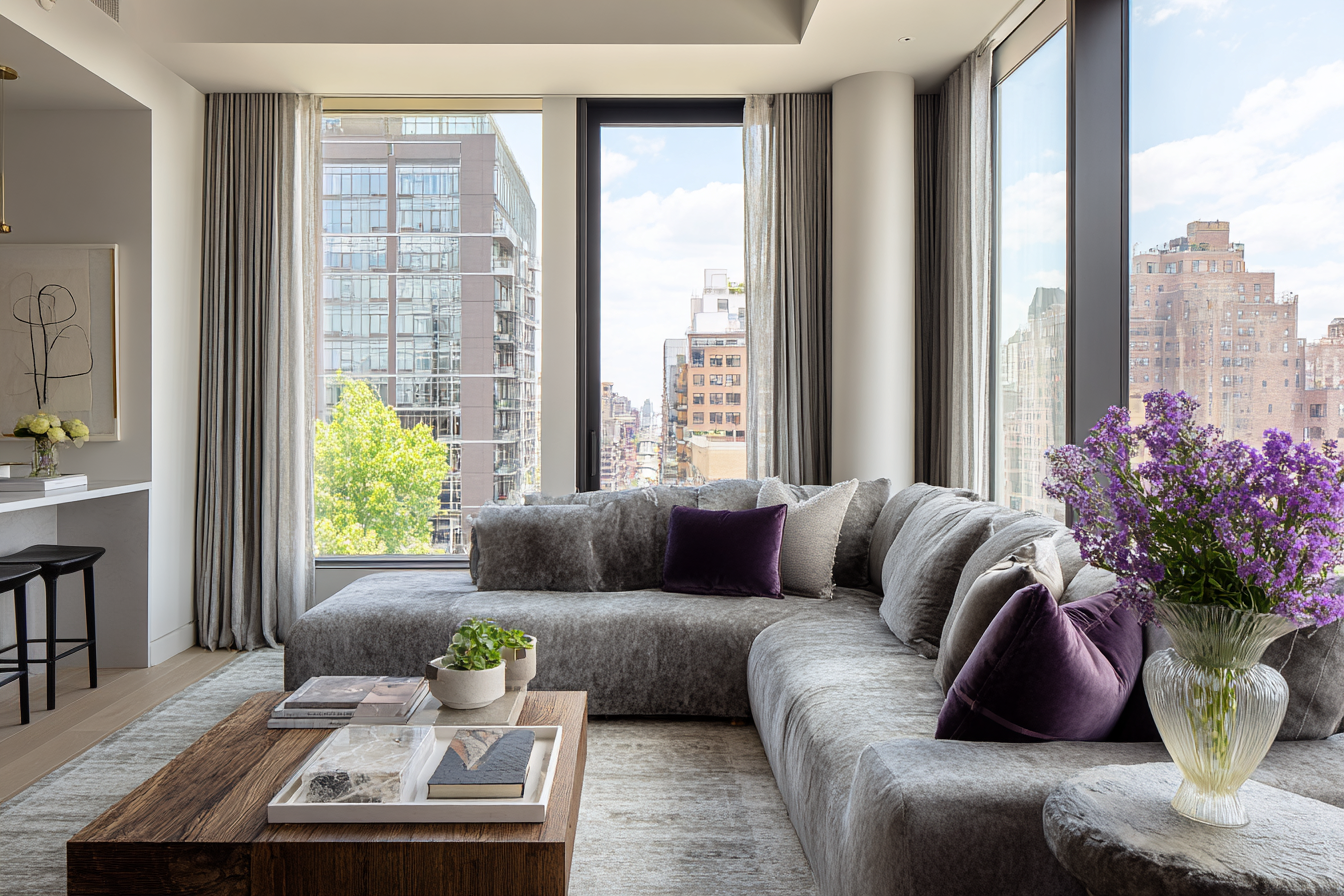 Luxury NYC loft living room with curved boucle sofa, live-edge walnut table, and emerald accent chair
