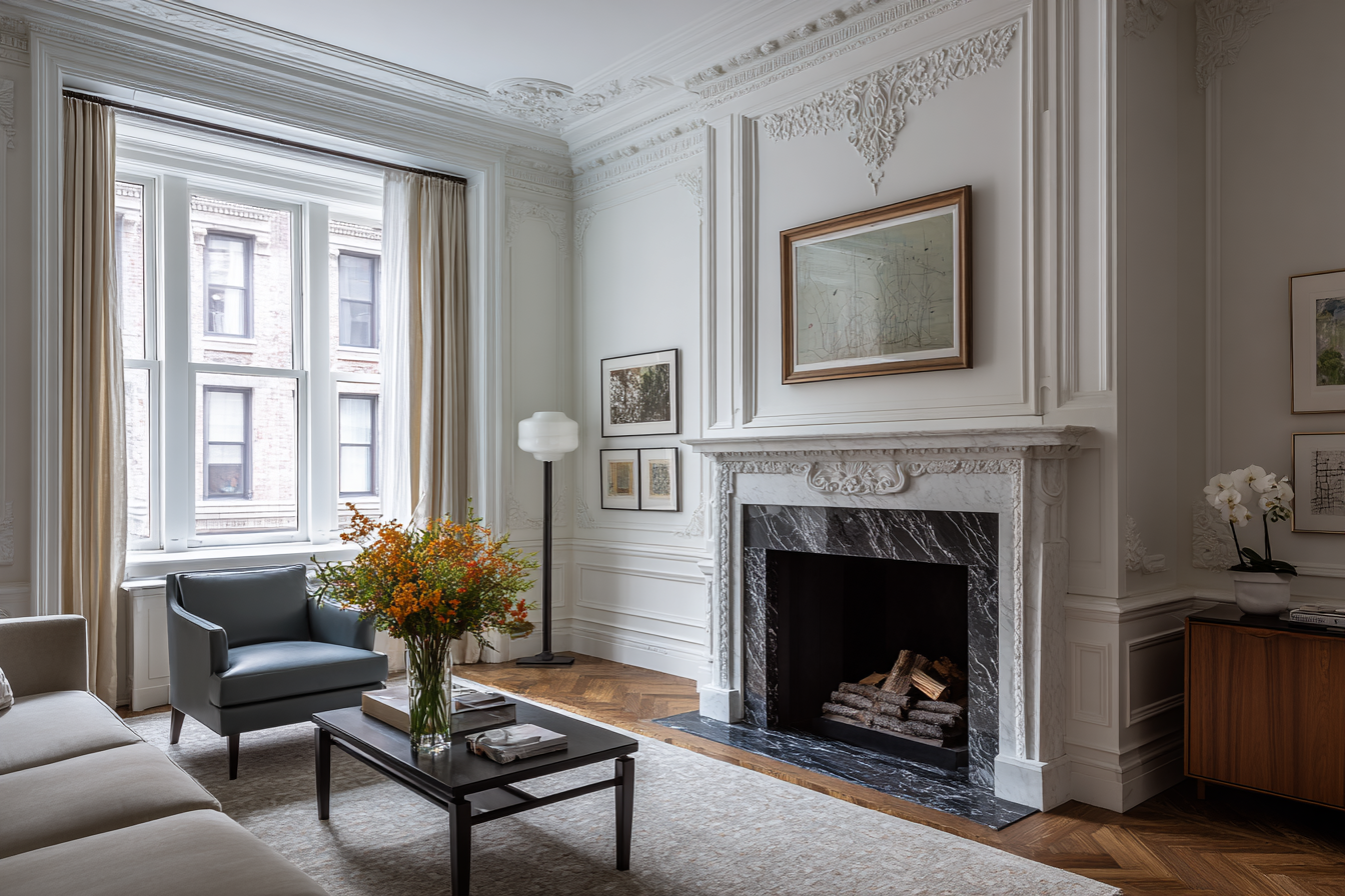 Luxury NYC loft living and dining room designed to transition between quiet evenings and elegant entertaining