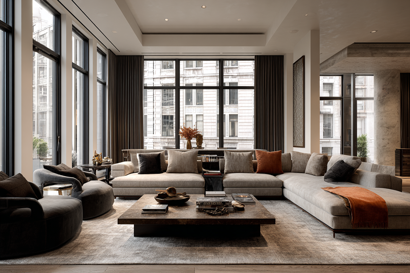 Luxury NYC loft living and dining room designed to transition between quiet evenings and elegant entertaining