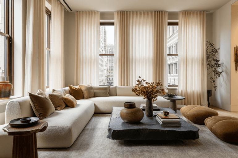 NYC loft living room with custom furniture mid-delivery, showing the material lead time process for luxury renovations
